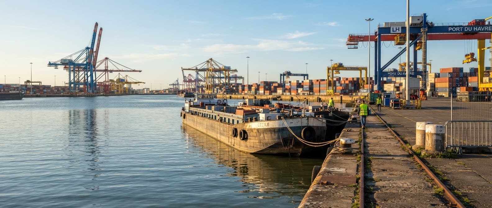 Quai du port du Havre en fin de journée avec conteneurs et portiques