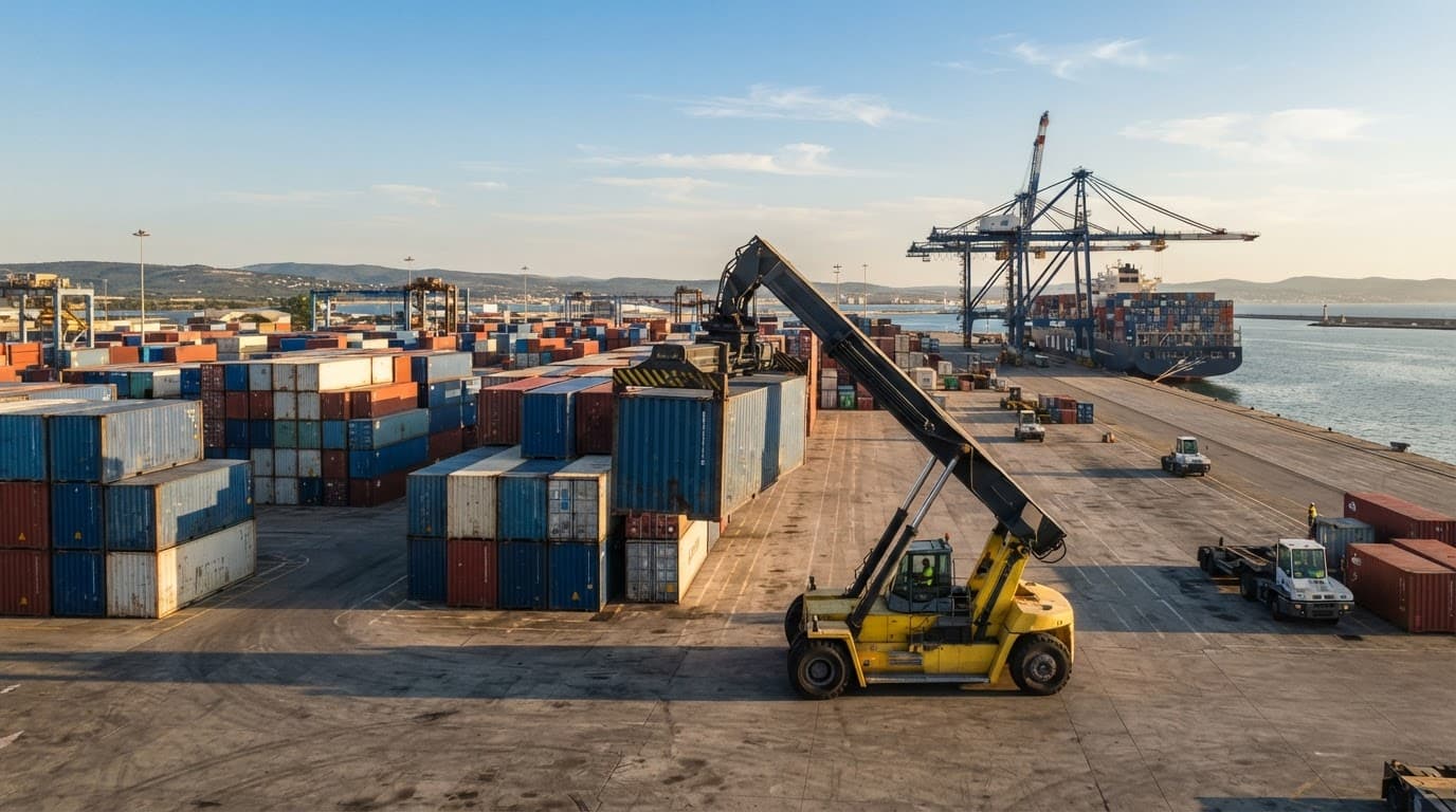 Terminal portuaire avec conteneurs empilés et chariot porte-conteneur