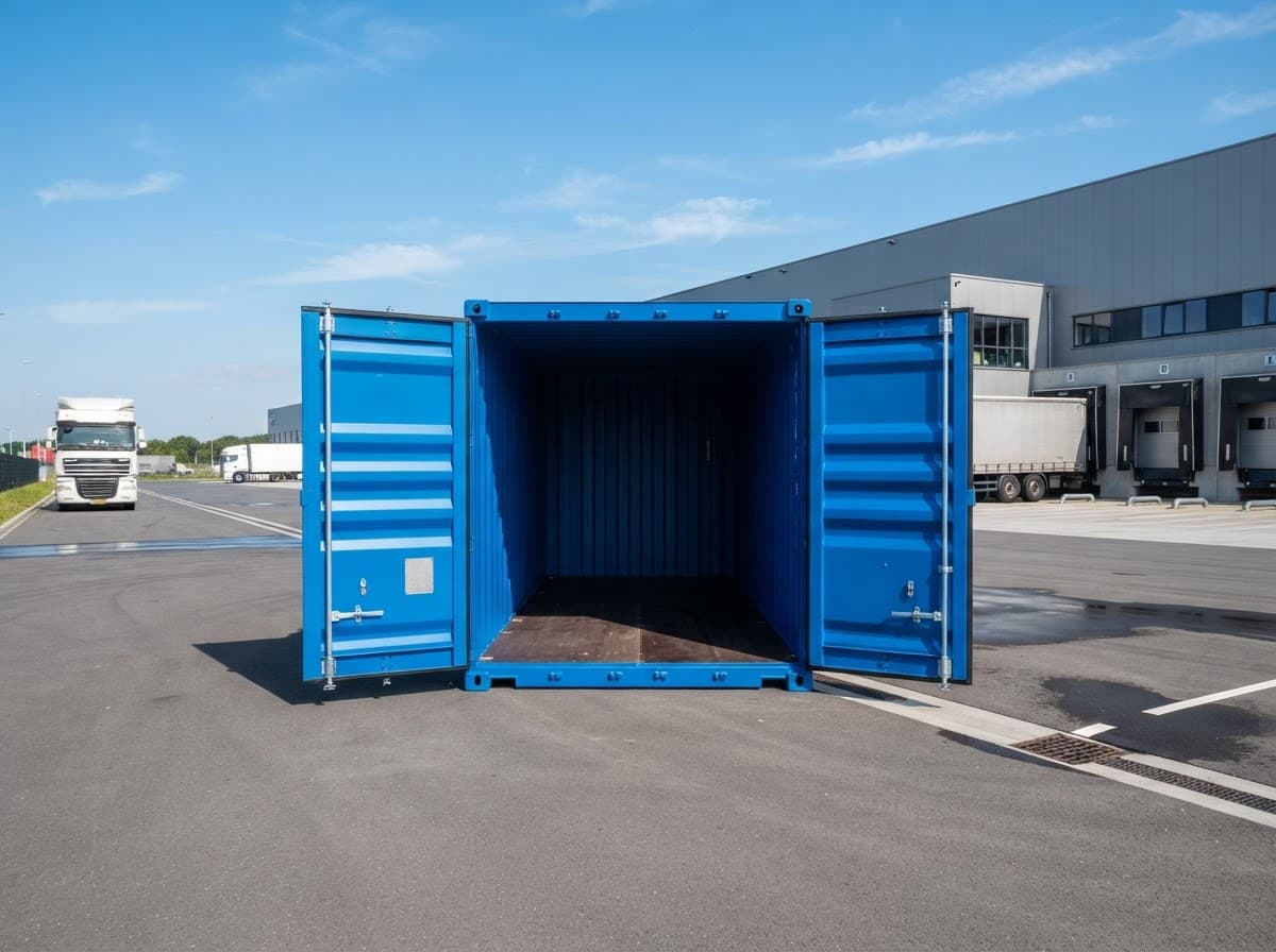 Conteneur maritime bleu, portes ouvertes, devant un entrepôt logistique